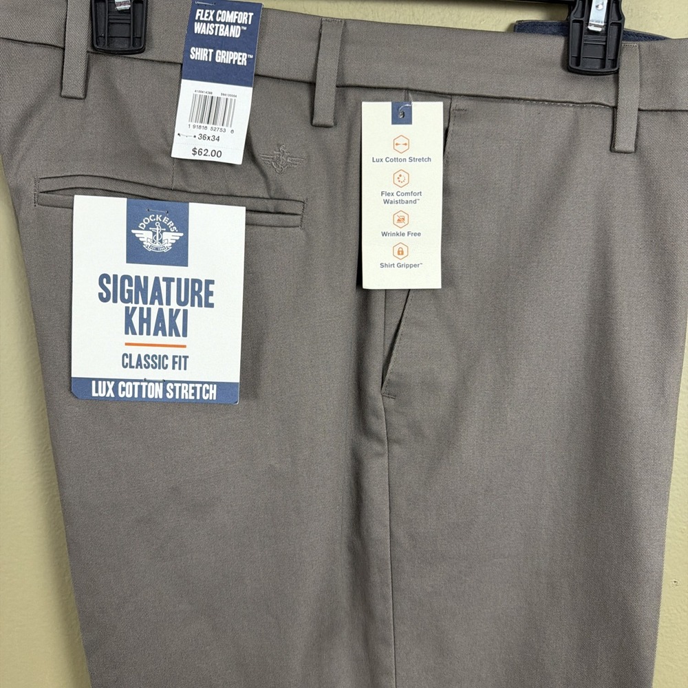 Dockers Men Signature Khaki Classic Fit Stretch Dark Pebble Lux Cotton 36x34 NWT - Picture 2 of 9